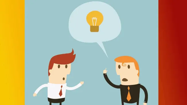 Innovative business ideas brainstorming, two cartoon businessmen discussing creative solutions, light bulb thought bubble, of