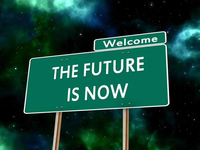 Optimal music industry future headline sign against cosmic space background.