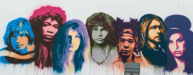 Vivid multi-colored mural of famous music icons, street art graffiti style, showcasing pop culture, creative urban art, and m