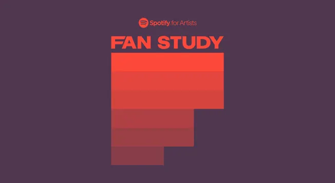 Red fan chart illustrating a fan study for Spotify for Artists with a dark purple background. The graphic emphasizes music in