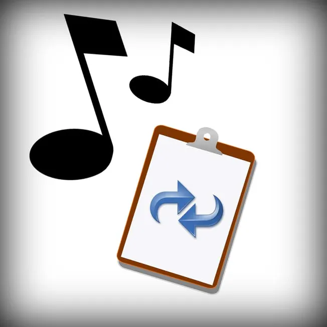 Audio playlist with musical notes and refresh symbol for music streaming or sharing.