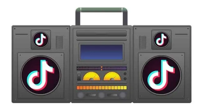 High-quality digital illustration of a DJ-style boombox with TikTok logos on speakers, representing music streaming, social m