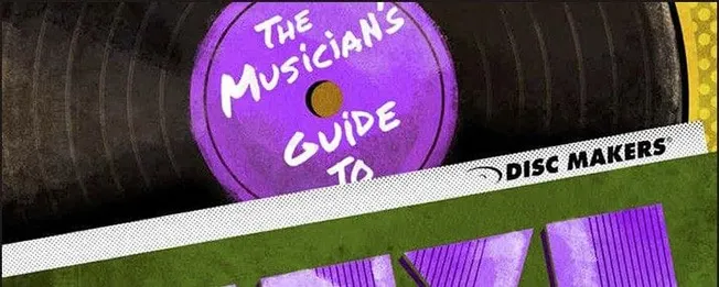 Vintage vinyl record with a purple label and the text "The Musician's Guide to Disc Makers," representing music production an