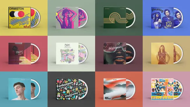 Rebel album cover by Ormiston with vibrant yellow background and abstract design elements.