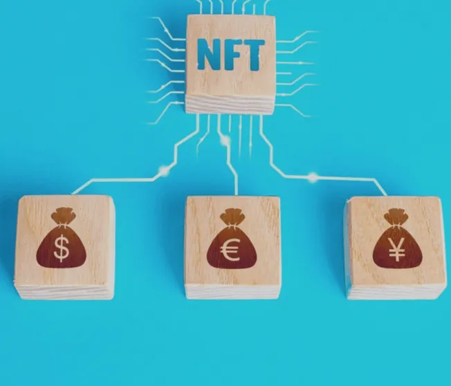 NFT blockchain technology illustration with currency icons on wooden blocks representing digital assets and cryptocurrency pa