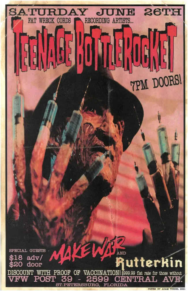 Teenage rock concert poster featuring a horror-inspired design, with dark colors and syringe art, promoting an event in St. P