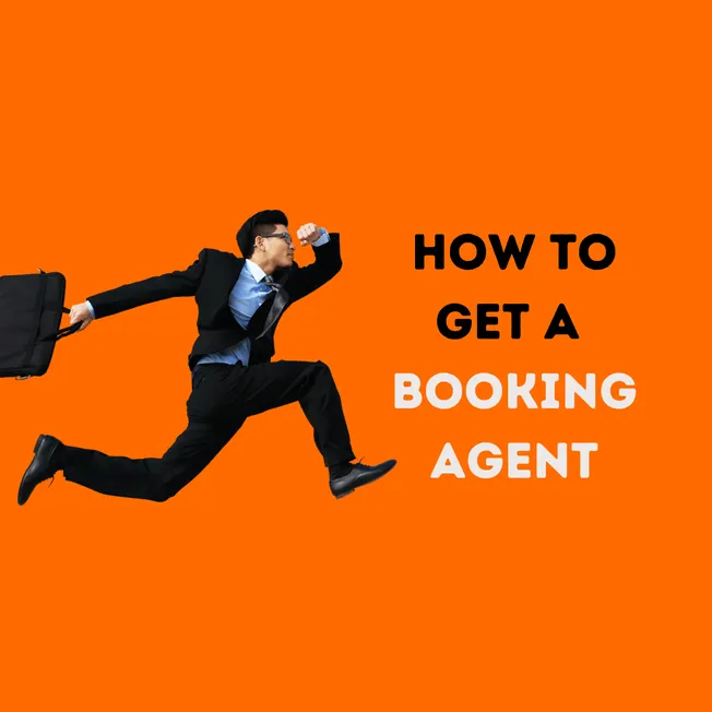 Fast-paced businessman in suit running with briefcase against bright orange background, illustrating how to get a booking age