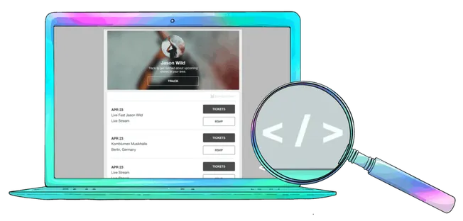Laptop screen displaying concert tickets and RSVP options, with a magnifying glass highlighting coding symbols, representing