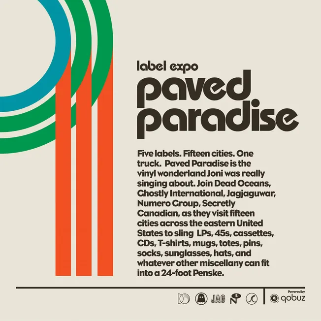 Paved paradise vinyl album cover design, retro 70s style with bold typography and colorful geometric shapes, music marketing