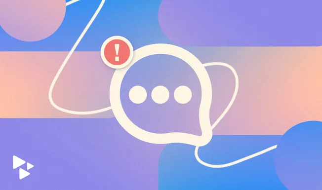 Chat app notification icon with warning alert against colorful geometric background for digital communication and social medi