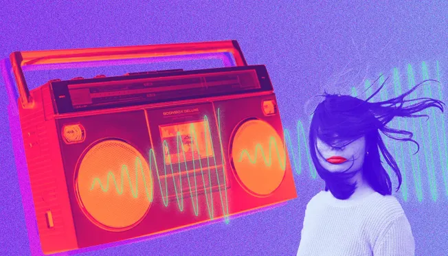 Vintage boombox with neon effects and sound wave graphics, representing music, radio, and audio entertainment. Perfect for mu