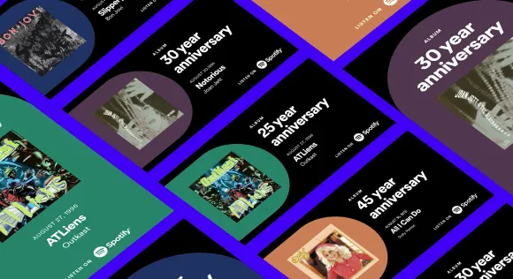 Celebratory digital artwork celebrating music industry anniversaries, featuring colorful graphics for milestones like 25, 30,