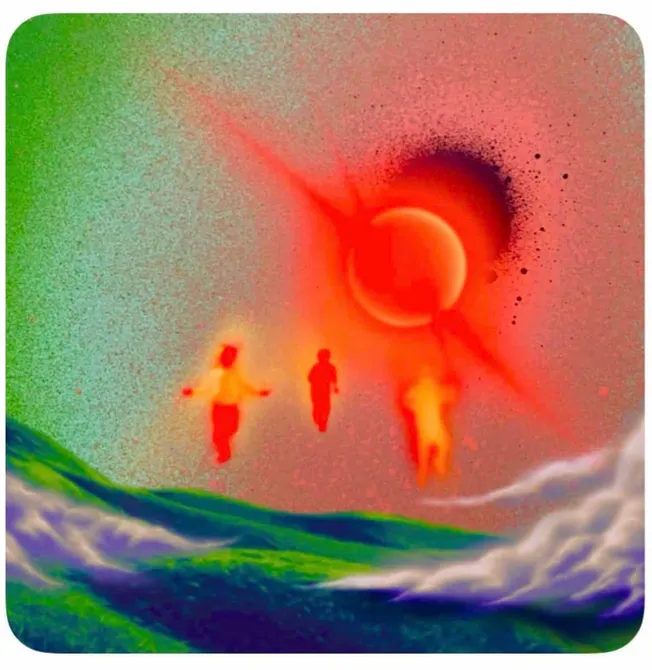 Vivid surreal artwork of three silhouetted figures floating above a colorful landscape with a cosmic background featuring a l