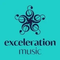 Octopus logo with "exeleration music" text, vibrant teal background, modern design, music industry branding, creative illustr