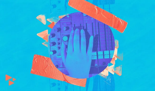 Vibrant digital collage of a DJ mixing console with colorful tape accents, representing music production, streaming, and digi