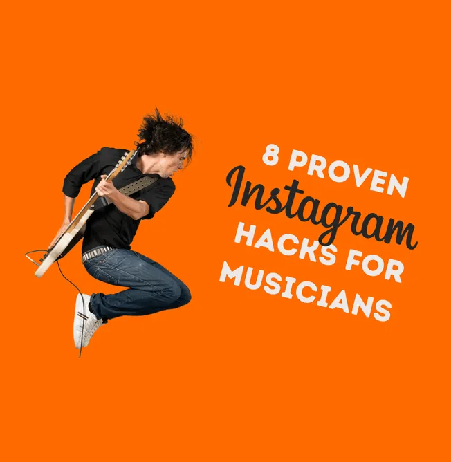 Jumping musician holding guitar with text about proven Instagram hacks for musicians on vibrant orange background.