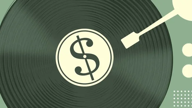 Money-themed graphic with vinyl record design, dollar sign at center, and stylized tonearm illustration, representing music i