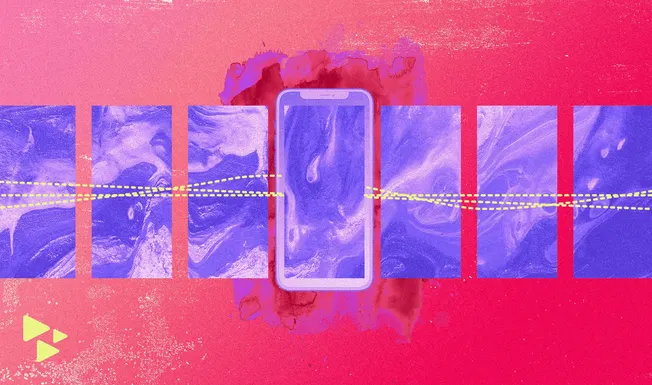 A vibrant digital artwork featuring a smartphone, abstract purple and blue marbled squares, and dynamic yellow dotted lines a