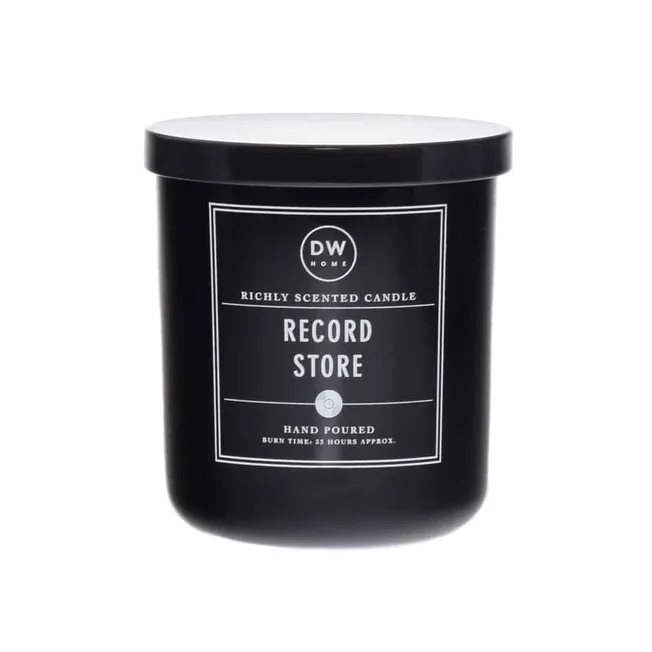Black scented candle with white label featuring "Record Store" branding and "DW Home" logo, ideal for music lovers and home d