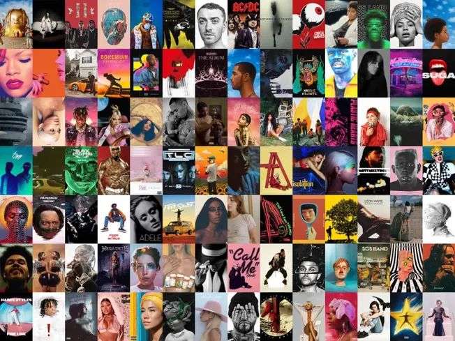 Urban music album cover collage featuring diverse artists, vibrant colors, modern designs, and music-related visuals for musi