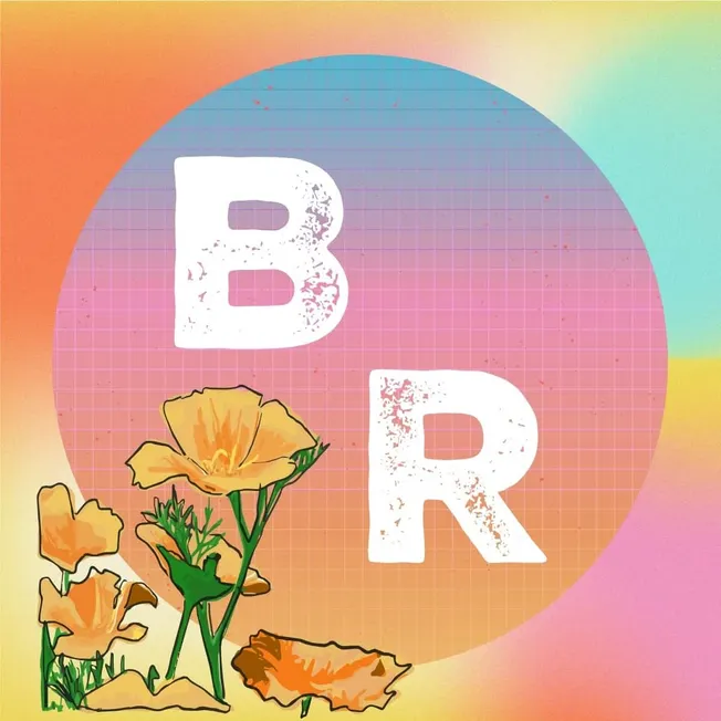 Colorful digital art featuring the letters "B" and "R" with a background gradient and grid overlay, complemented by illustrat