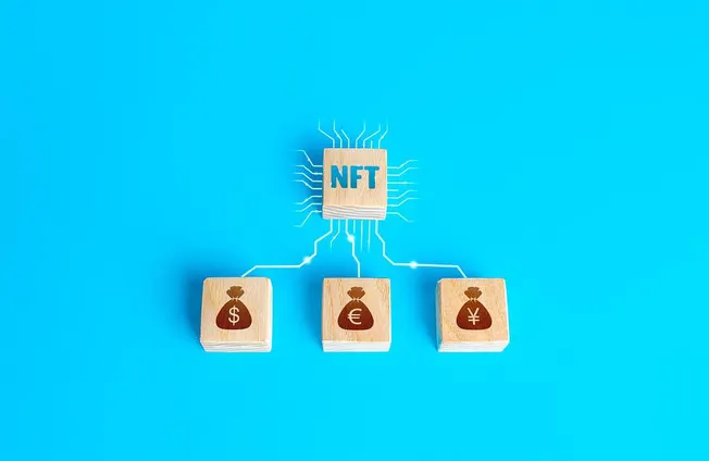 NFT blockchain technology concept with digital assets, cryptocurrencies, and international currencies on wooden blocks, illus