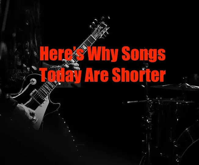 Guitarist performing on stage with bold red text overlay, highlighting why songs are shorter today. Musical performance, live