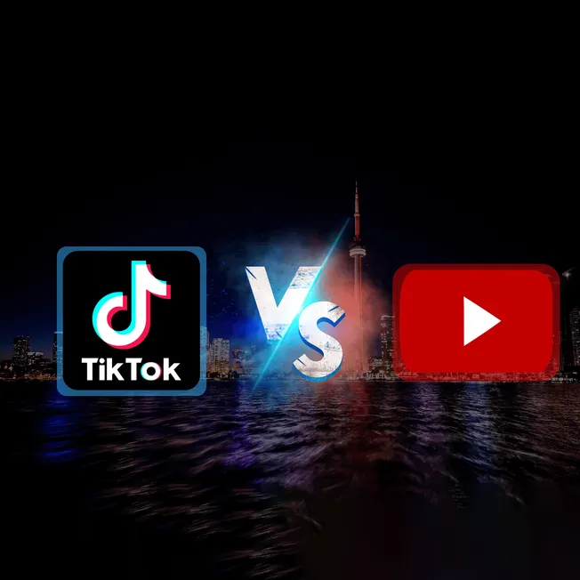 TikTok vs YouTube digital content platform comparison with city skyline at night and prominent logos.