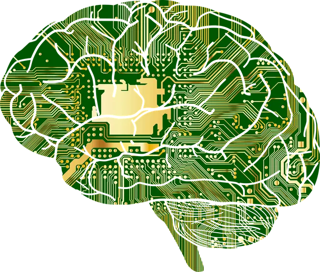 Circuit board brain with electronic pathways representing AI and technology in music industry.