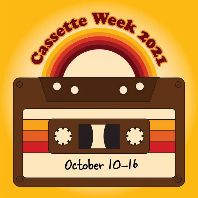 Cassette week 2021 banner with retro tape and rainbow design, celebrating Cassette Week from October 10-16, 2021, emphasizing