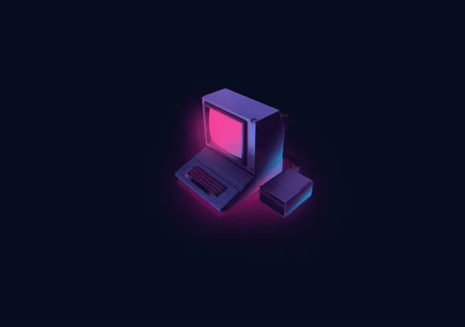 Vintage computer with neon pink and blue lighting, embodying retro tech aesthetics for digital innovation and nostalgic tech