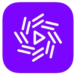 Play icon surrounded by abstract lines on a purple background, representing digital media or streaming.