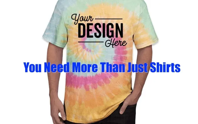 Tie-dye graphic T-shirt with customizable design, promoting merchandise for artists and entrepreneurs, ideal for custom appar