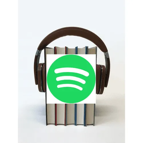 Spotify logo with headphones and books, representing music and media streaming awareness.
