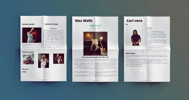 Brochure featuring artist profiles and press photos, showcasing music industry updates and promotional materials for musician
