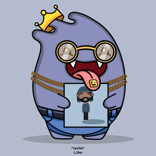 Cute cartoon character resembling a hippo with glasses, a crown, gold chains, and holding a photo of a person, representing p