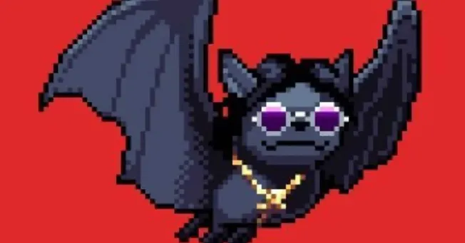 Pixel art black cat with sunglasses and gold chain, bat wings, on red background, digital art, gaming, NFT, crypto, fandom, p