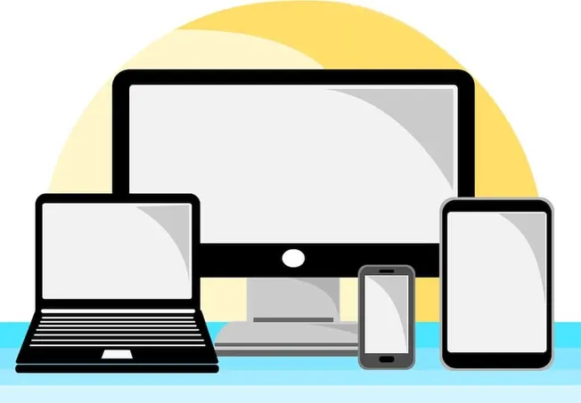 Versatile digital devices including a desktop computer, laptop, tablet, and smartphone on a colorful background.