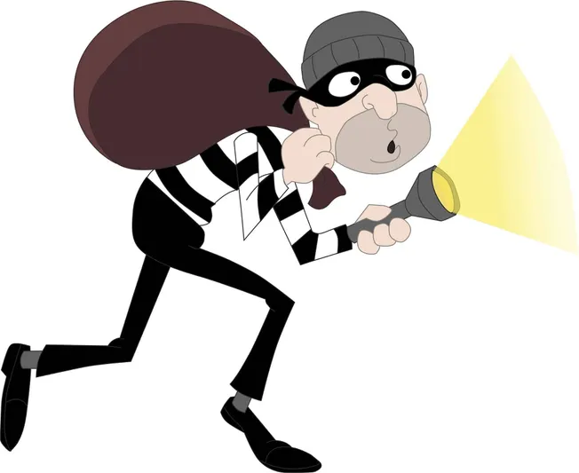 Alarmed thief character searching for hidden valuables with flashlight in a cartoon style illustration.