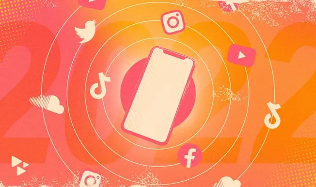 Smartphone surrounded by social media icons including TikTok, Facebook, Instagram, Twitter, YouTube, and music apps, depictin