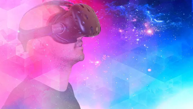 Virtual reality enthusiast wearing VR headset exploring cosmic digital universe with vibrant space and galaxy imagery, futuri