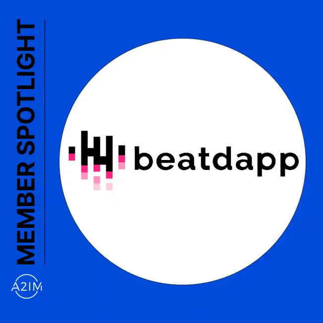 Beatdapp logo with digital sound wave graphic, music rights management platform, digital music, blockchain technology, music