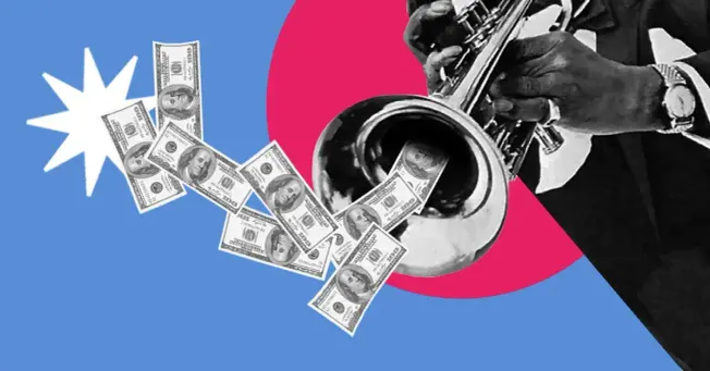 Stacks of hundred-dollar bills flowing from a saxophone, symbolizing music streaming revenue, digital earnings, and music mon