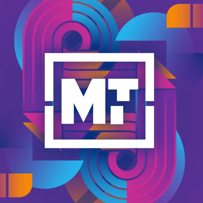 Vibrant geometric abstract background with bold "Hypebot" logo, emphasizing digital music industry, technology trends, and in