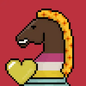 Pixel art pixelated dinosaur holding a yellow heart, wearing a rainbow-striped scarf, on a red background.