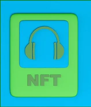 Headphones icon with NFT text, representing digital music or multimedia NFTs, on a vibrant blue and green background.