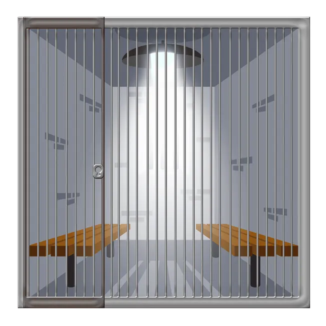 Metal jail cell with sliding door and wooden benches in an empty detention room, realistic illustration for crime or incarcer