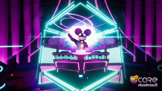 Vibrant neon-lit digital DJ booth with a cartoonish mascot in a futuristic nightclub setting, showcasing electronic dance mus