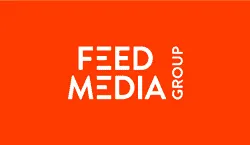 Feed media group logo, modern orange background with white text, digital media branding, content marketing, social media stra