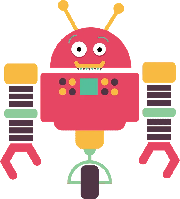 Robotic cartoon character with colorful parts, friendly face, and playful design, representing robotics, AI, and technology i